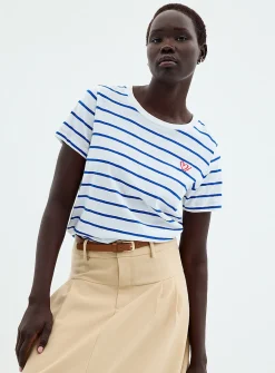 Embroidered heart striped slub T-shirt