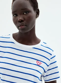 Embroidered heart striped slub T-shirt