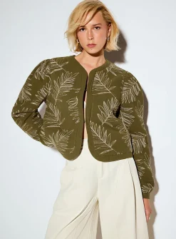 Embroidered leaves lightweight quilted jacket