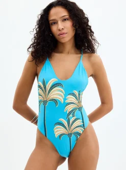 Embroidered pearl palm tree one-piece