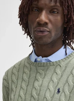 Embroidered rider twisted-cable sweater