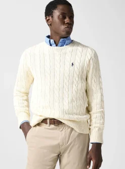 Embroidered rider twisted-cable sweater