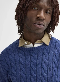 Embroidered rider twisted-cable sweater