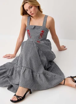Embroidered seahorses maxi tiered seersucker dress