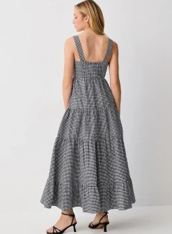 Embroidered seahorses maxi tiered seersucker dress