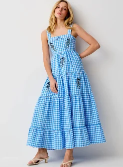 Embroidered seahorses maxi tiered seersucker dress