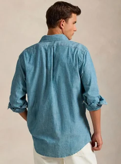 Embroidered-rider denim-like shirt