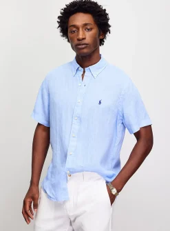 Embroidered-rider pure linen short sleeves shirt