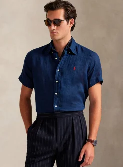 Embroidered-rider pure linen short sleeves shirt