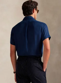 Embroidered-rider pure linen short sleeves shirt