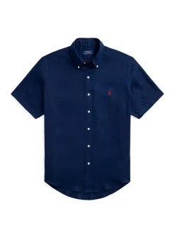 Embroidered-rider pure linen short sleeves shirt