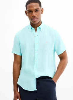 Embroidered-rider pure linen short sleeves shirt