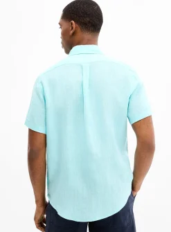 Embroidered-rider pure linen short sleeves shirt