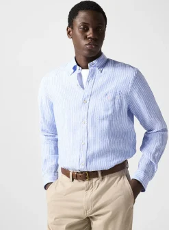 Embroidered-rider striped pure linen shirt