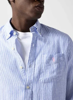 Embroidered-rider striped pure linen shirt