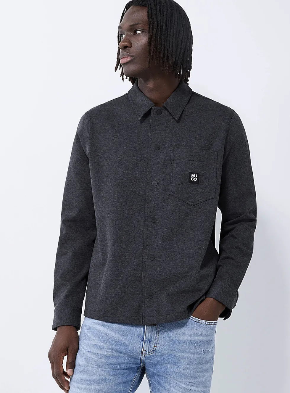 Enaso metallic-logo charcoal overshirt