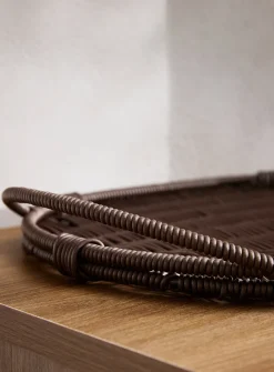 Espresso brown faux-rattan oval tray