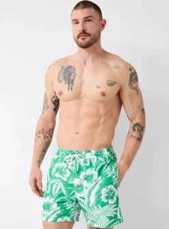 Exotic-print green swim trunk