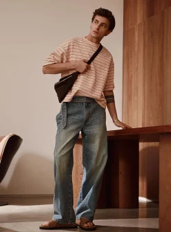 Faded-blue belted jean