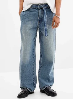 Faded-blue belted jean