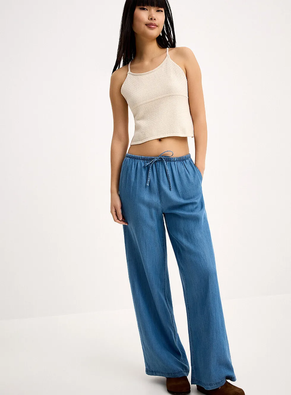 Faux-denim wide-leg pant