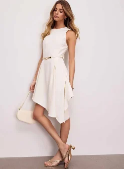 Faux-leather belt asymmetric dress