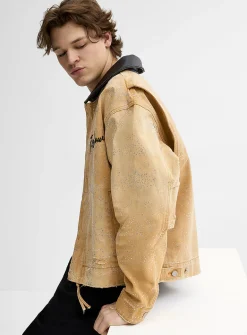 Faux-leather collar rhinestone workwear jacket