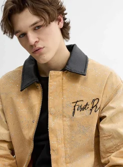 Faux-leather collar rhinestone workwear jacket