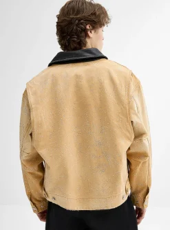 Faux-leather collar rhinestone workwear jacket