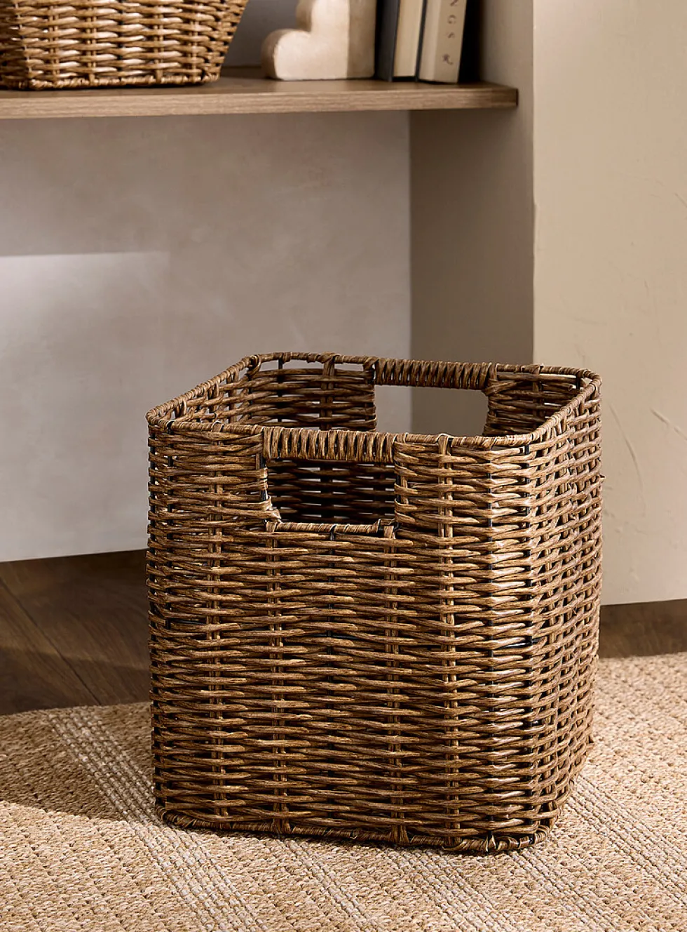 Faux-rattan braided square basket
