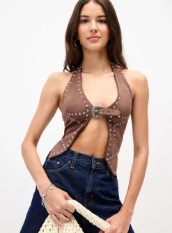 Faux-suede Western halter cami