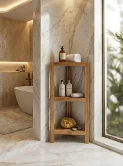 Fiji triple-shelf teak wood corner shelving