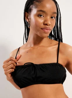 Fine lace-trim gathered bralette bikini top