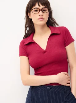 Fine ribbing Johnny collar T-shirt