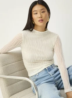 Fitted textured-wave mock-neck T-shirt