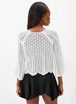 Flared-sleeve crocheted cropped sweater