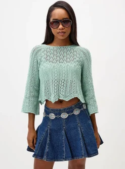 Flared-sleeve crocheted cropped sweater