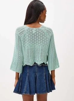 Flared-sleeve crocheted cropped sweater