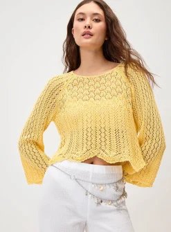 Flared-sleeve crocheted cropped sweater