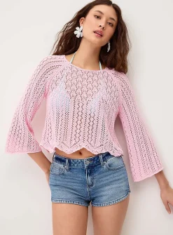 Flared-sleeve crocheted cropped sweater