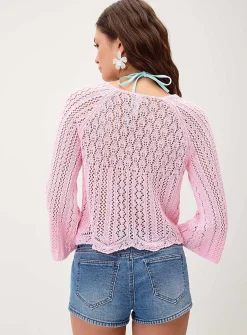 Flared-sleeve crocheted cropped sweater