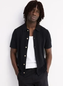 Flat-ribbed polo-collar cardigan