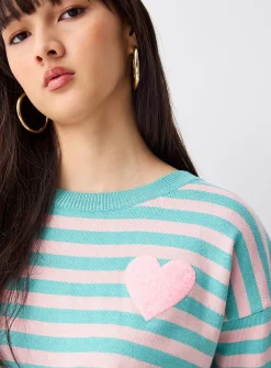 Fleece heart striped sweater