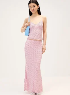 Flocked polka-dot mesh maxi skirt