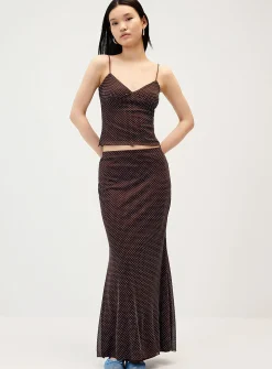Flocked polka-dot mesh maxi skirt