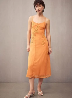 Floral appliqué apricot chiffon dress