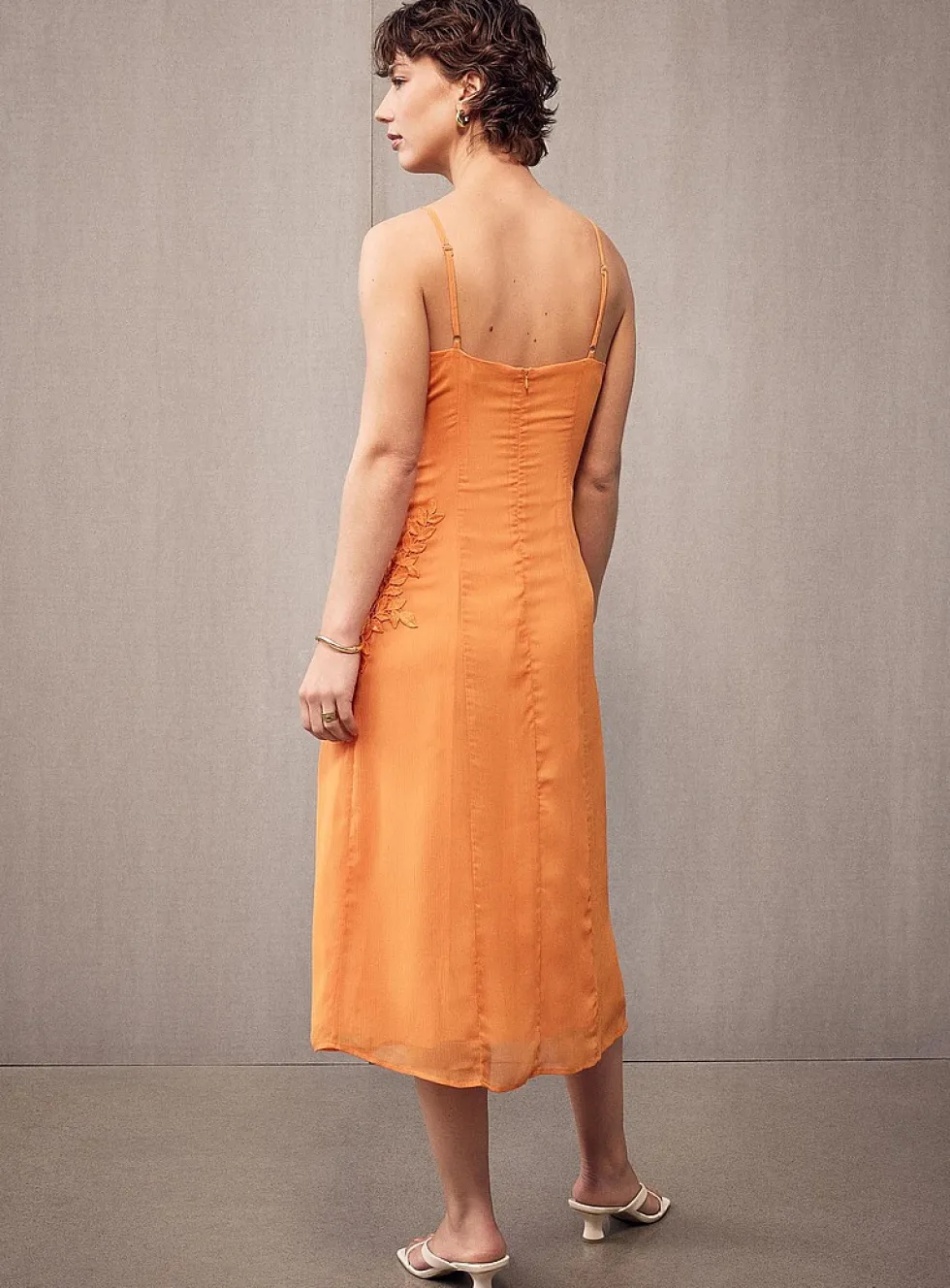 Floral appliqué apricot chiffon dress