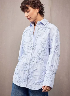 Floral decals loose striped shirt