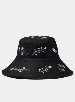 Floral embroidery pure linen bucket hat