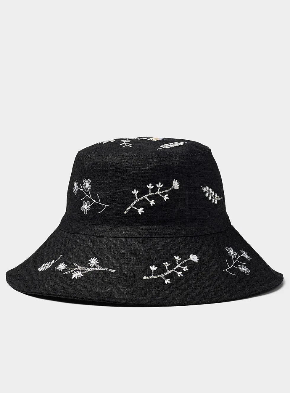 Floral embroidery pure linen bucket hat